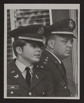Black and white photo of Jim Lane and Eugene Kotouc in full military uniform.