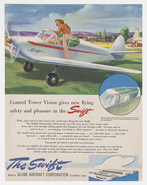 The image shows a colorful illustration of a woman climbing into a single engine, low wing aircraft. Text below includes information about Globe Aircraft Corporation's The Swift.