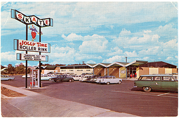 Image shows a colorful photograph postcard of a mid century sign, cars in a parking lot, and the roller rink building exterior with mid century modern zigzag canopy over the entrance.