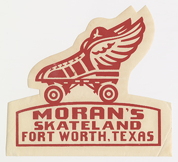 The image shows an illustration of the left profile view winged skate outlined in red on a cream background. Red text below reads Moran's Skateland Fort Worth, Texas.