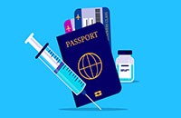 graphic image of passport, syringe, vaccine bottle, credit cards