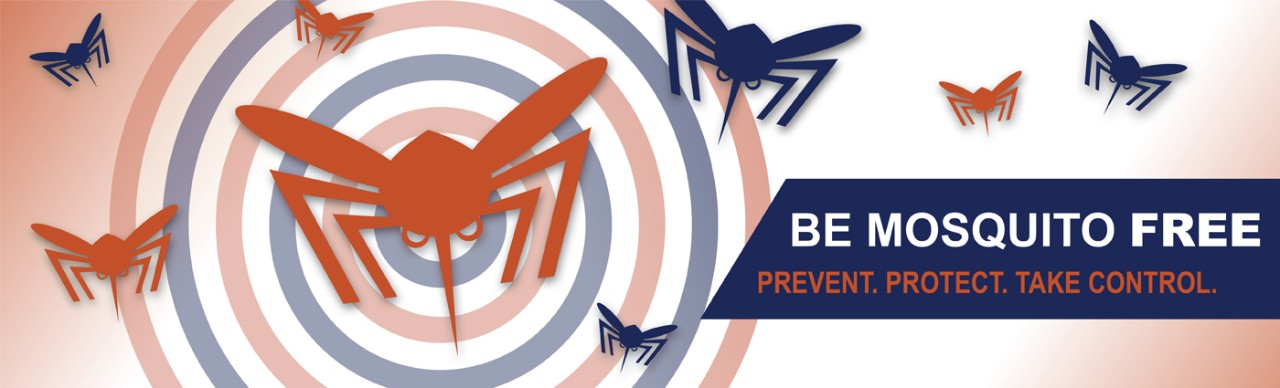 Be Mosquito Free logo; Prevent. Protect. Take Control; graphic silouettes of mosquitoes in flight around target graphic
