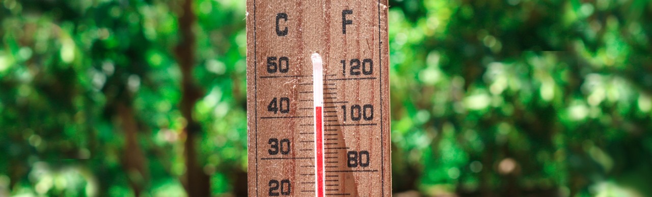 thermometer showing high temperature in Celcius and Farenheit